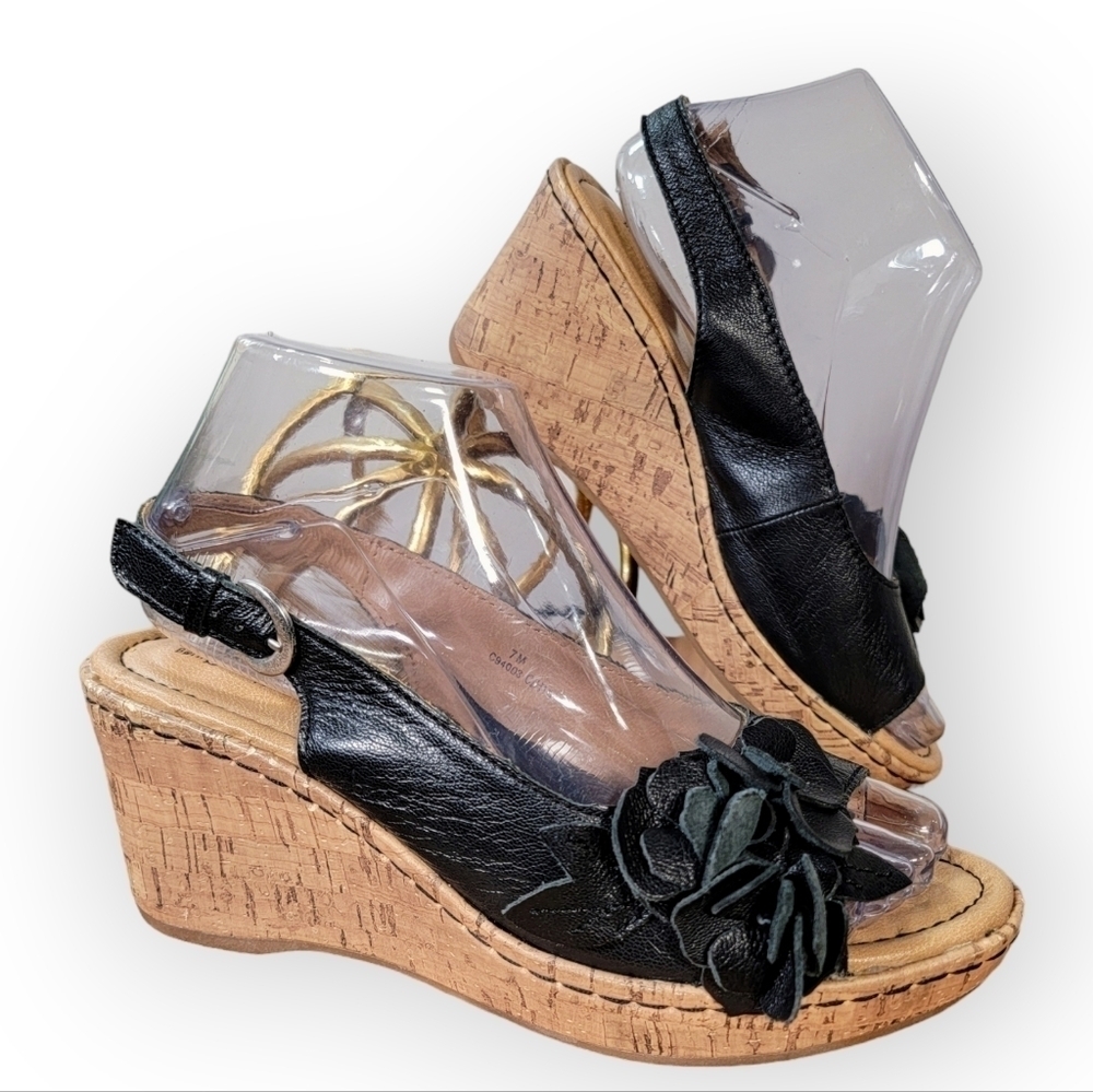 b.o.c. Black Wedges with Floral Detail